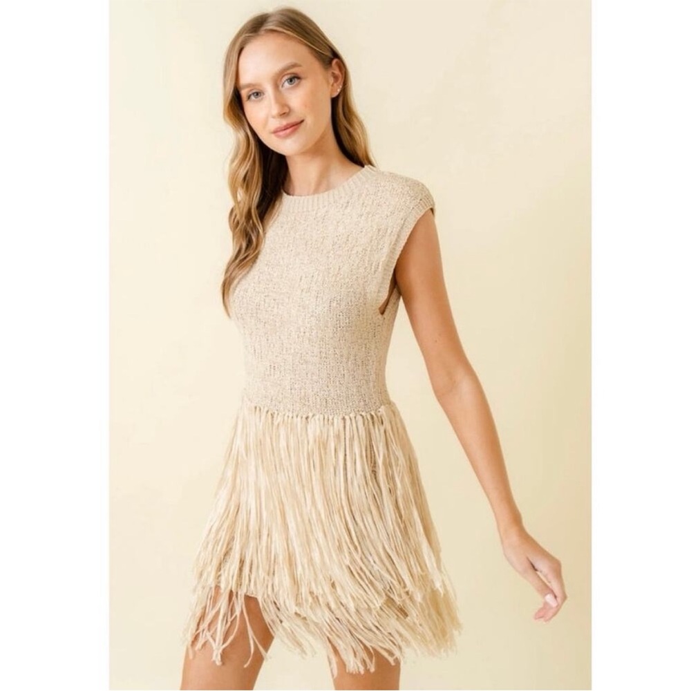 NWT Fore Fiesta Fringe Knit Dress in Beige